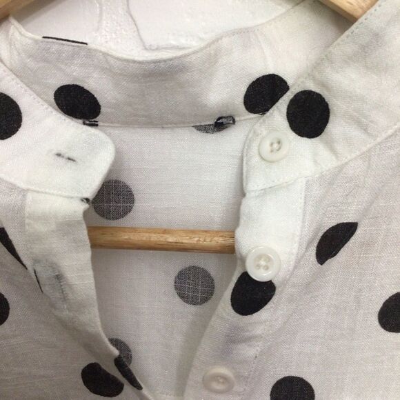 2/40$ LINEN blouse polka dots black ecru mao neck button Down casual shirt med - Picture 3 of 12
